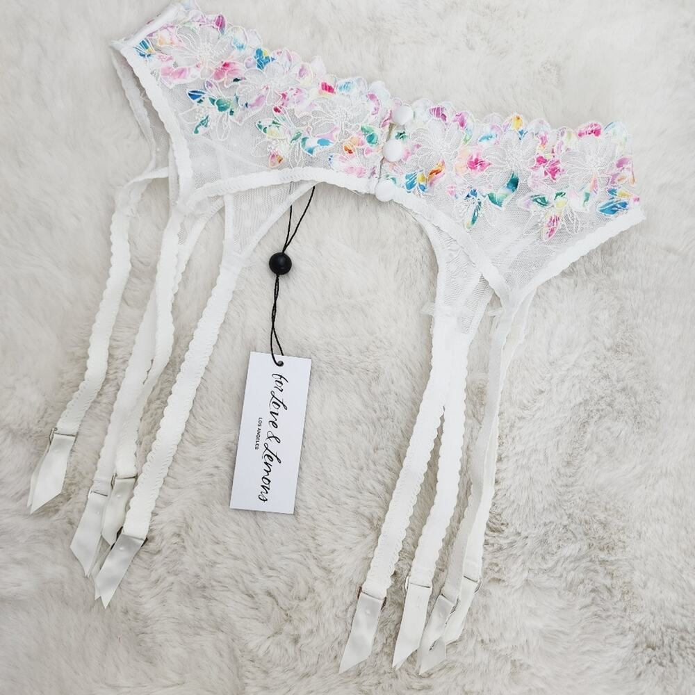 For Love & Lemons Outline Rainbow Floral Garter Belt NWT White Swiss Dot Small S